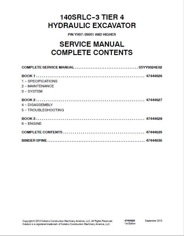 Kobelco 140SRCL-3 Tier 4 Hydraulic Excavator Repair Service Manual