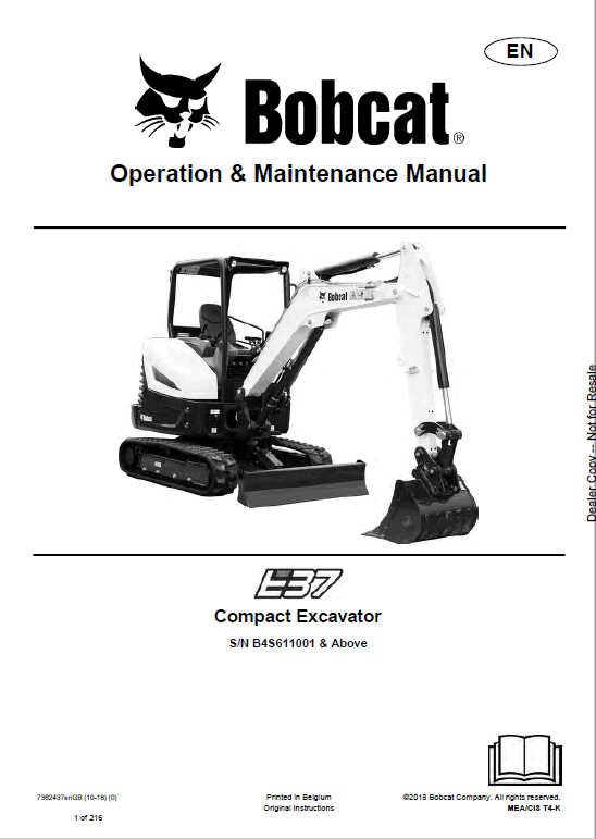 Bobcat E37 Excavator Operation & Maintenance Manual