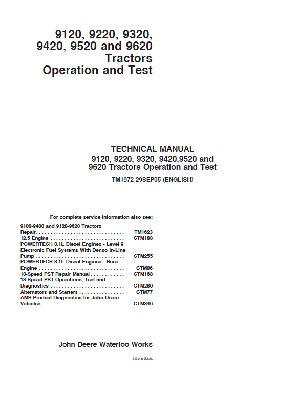 John Deere 9120, 9220, 9320 Tractors Repair Service Manual