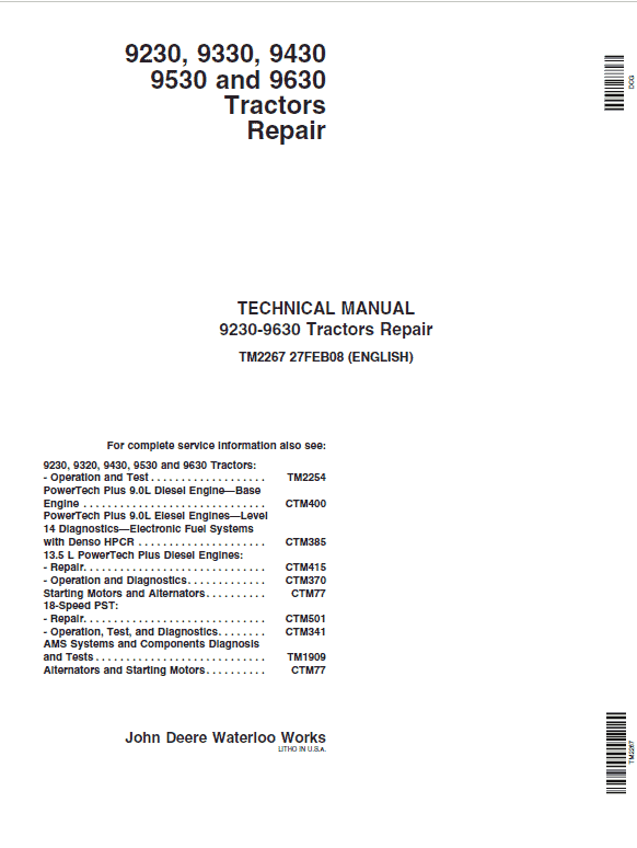 John Deere 9230, 9330, 9430, 9530, 9630 Tractors Repair Service Manual