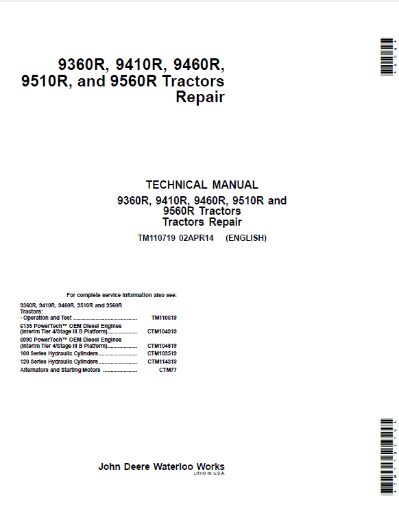 John Deere 9360R, 9410R, 9460R, 9510R, 9560R Tractors Repair Manual