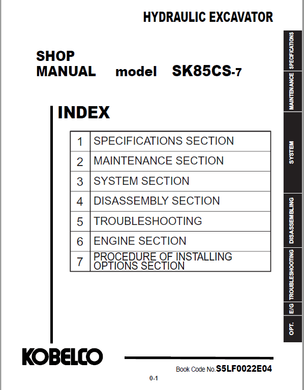 Kobelco SK85CS-7 Hydraulic Excavator Repair Service Manual