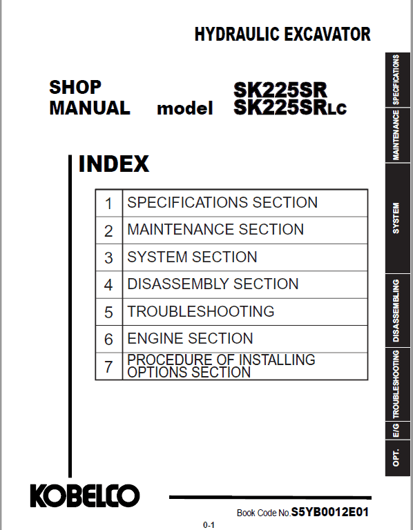 Kobelco SK225SR, SK225SRLC Hydraulic Excavator Repair Service Manual