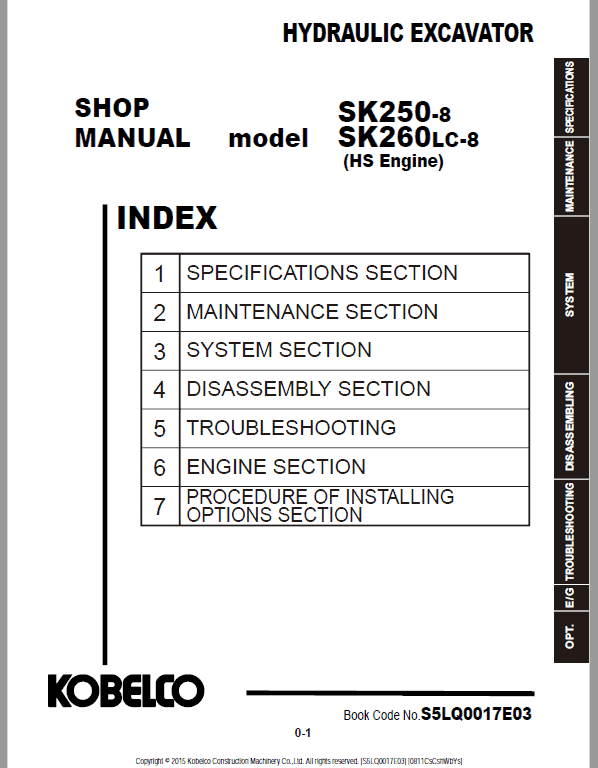 Kobelco SK250-8, SK260LC-8 Hydraulic Excavator Repair Service Manual