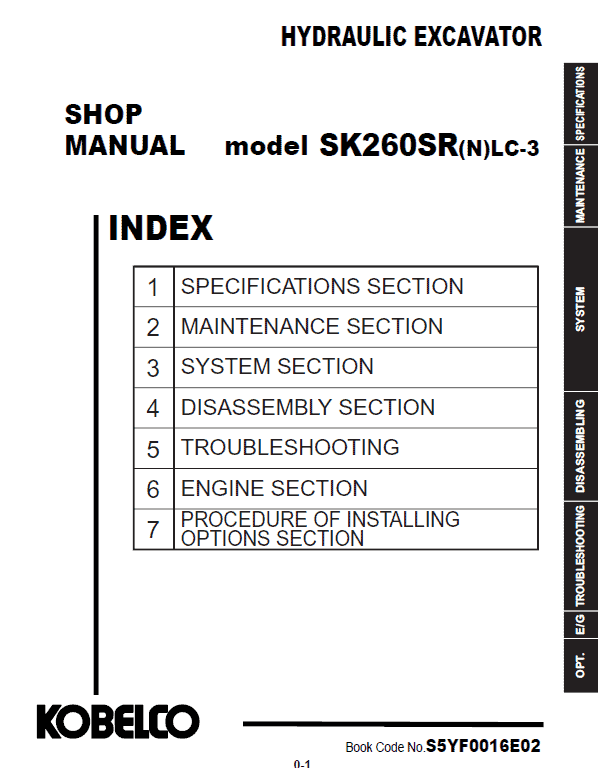 Kobelco SK260SRLC-3, SK260SRNLC-3 Hydraulic Excavator Repair Service Manual