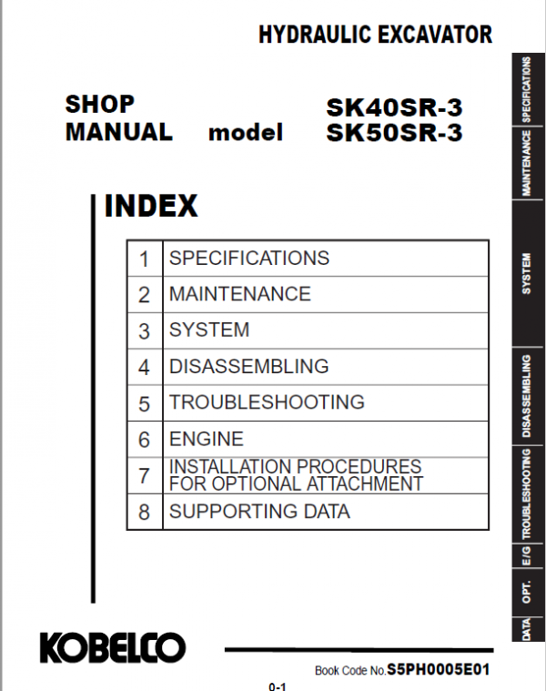 Kobelco SK40SR-3, SK50SR-3 Mini Excavator Repair Service Manual