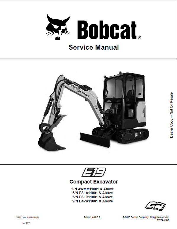 Bobcat E19 Excavator Repair Service Manual