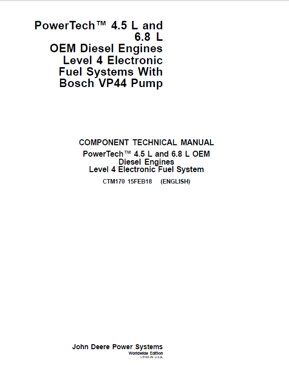 John Deere PowerTech 4.5L, 6.8L Diesel Engine Technical Manual (CTM170)