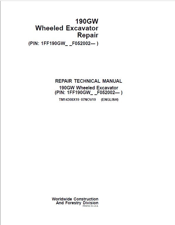 John Deere 190GW Wheeled Excavator Repair Service Manual (S.N after F052002 -)