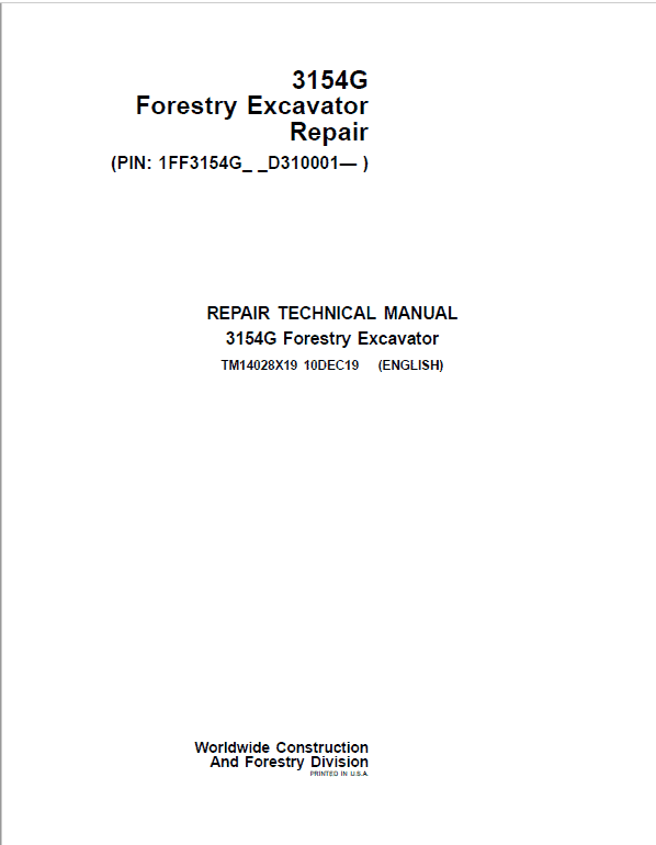 John Deere 3154G Swing Excavator Repair Service Manual (S.N after D310001 - )