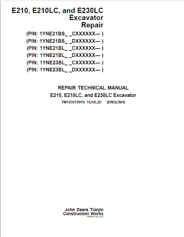 John Deere E210, E210LC, E230LC Excavator Repair Manual (See Applicable Serial)