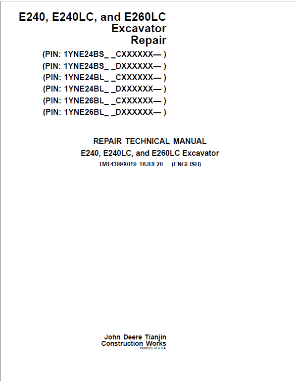 John Deere E240, E240LC, E260LC Excavator Repair Manual (See Applicable Serial)