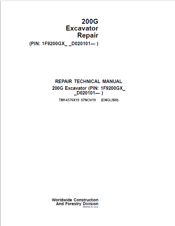 John Deere 200G Excavator Repair Service Manual (S.N after D020101 - )