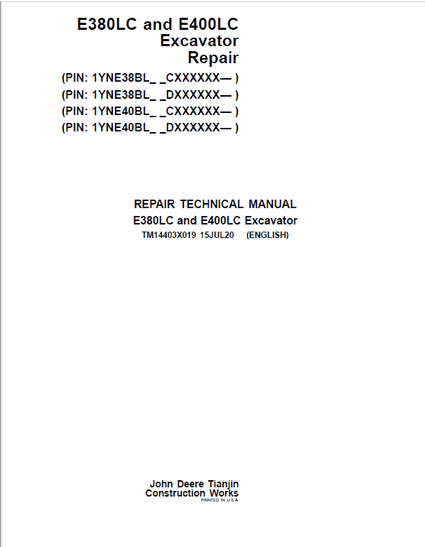 John Deere E380LC, E400LC Excavator Repair Manual (S.N after CXXXXXX - & DXXXXXX -)