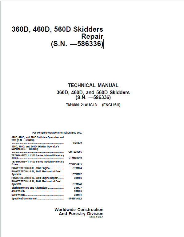 John Deere 360D, 460D, 560D Skidders Repair Manual (S.N. before 586336)