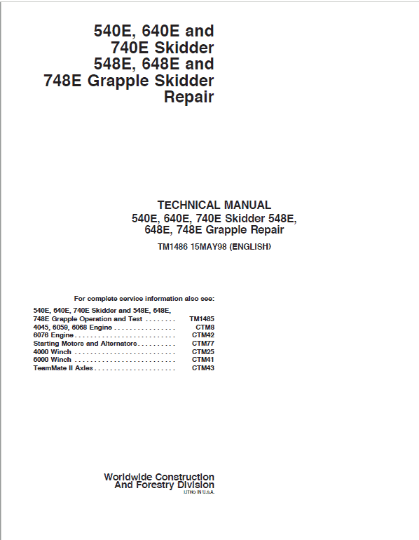 John Deere 540E, 640E, 740E Skidder Repair Service Manual