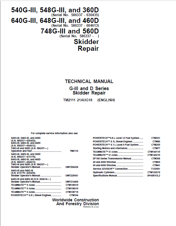 John Deere 540G-III, 548G-III, 360D Skidder Repair Manual (S.N. 586337 - 630435)