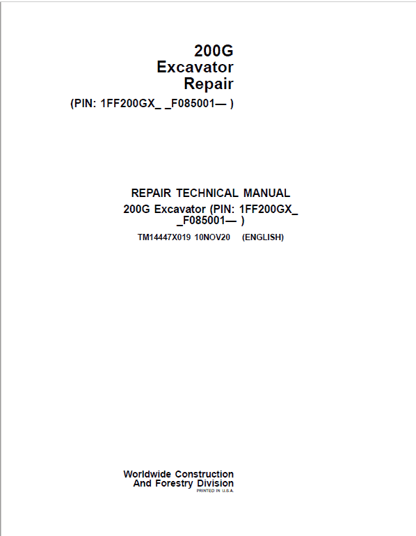 John Deere 200G Excavator Repair Service Manual (S.N after F085001 -)