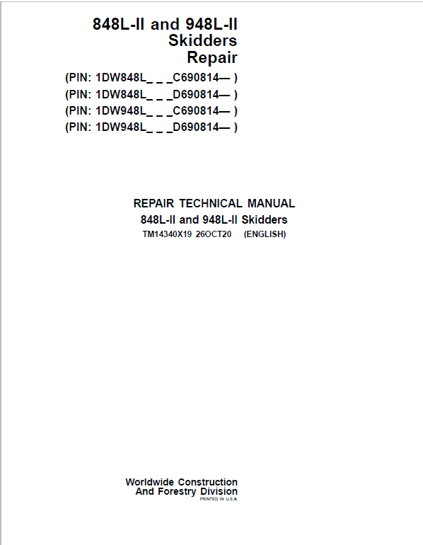 John Deere 848L-II, 948L-II Skidder Repair Service Manual (S.N C690814 & D690814 - )