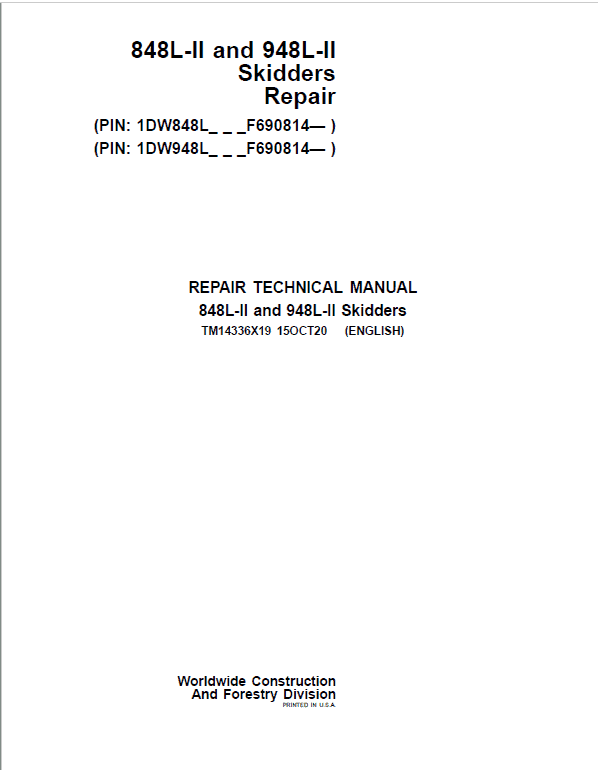 John Deere 848L-II, 948L-II Skidder Repair Service Manual (S.N F690814 - )