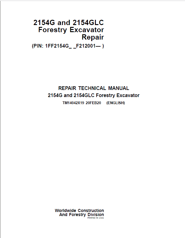 John Deere 2154G, 2154GLC Swing Excavator Repair Service Manual (S.N after F212001 - )