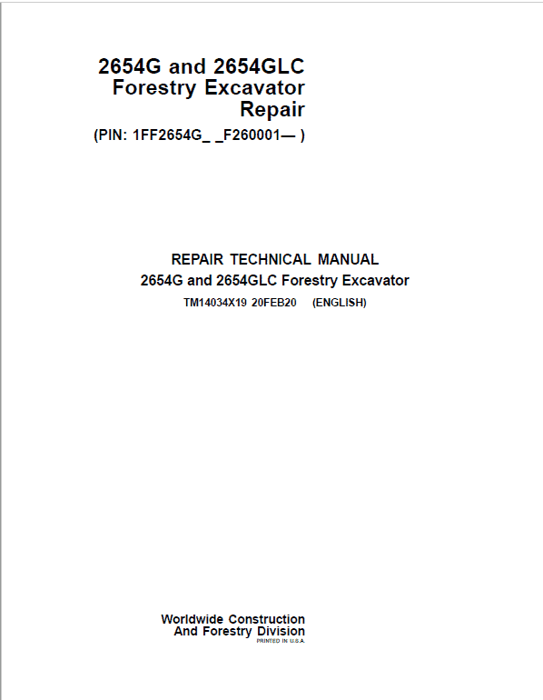 John Deere 2654G, 2654GLC Swing Excavator Repair Service Manual (S.N after F260001 - )