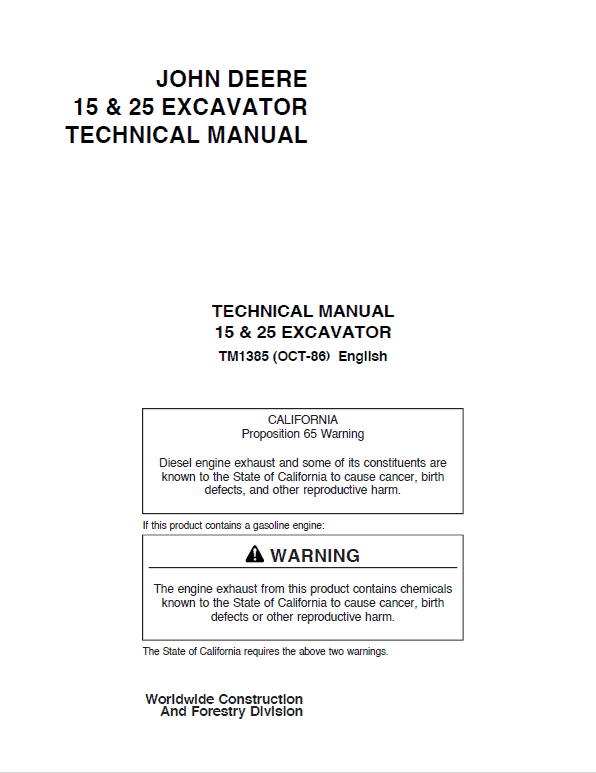 John Deere 15 and 25 Excavator Repair Service Manual