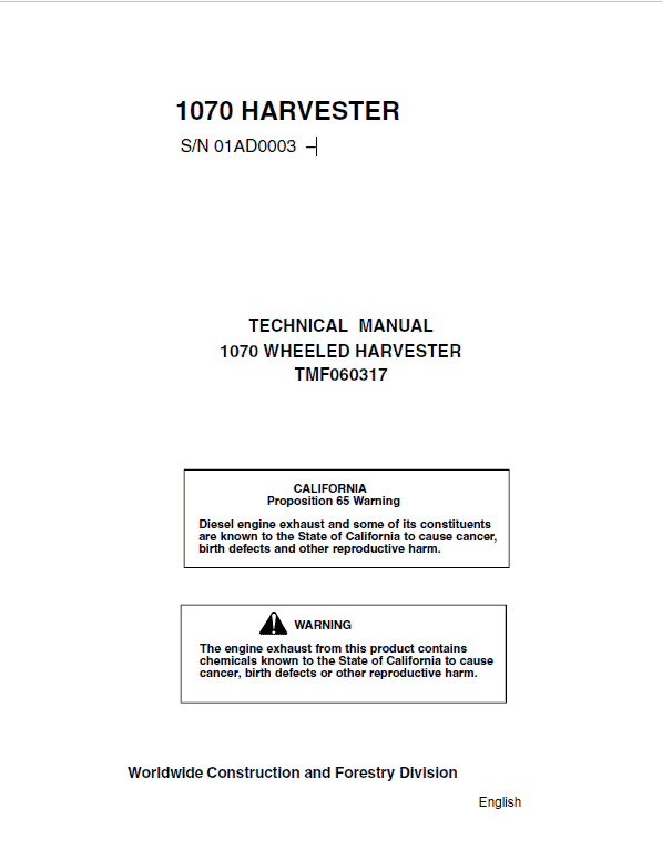 John Deere 1070 Harvester Repair Service Manual (S.N after 01AD0003 –)