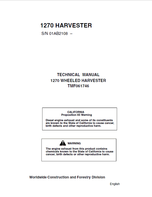 John Deere 1270 Harvester Repair Service Manual (S.N after 01AB2108 –)