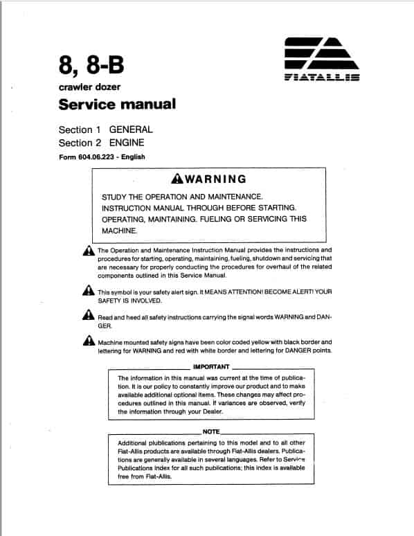 Fiatallis 8, 8-B Crawler Dozer Repair Service Manual