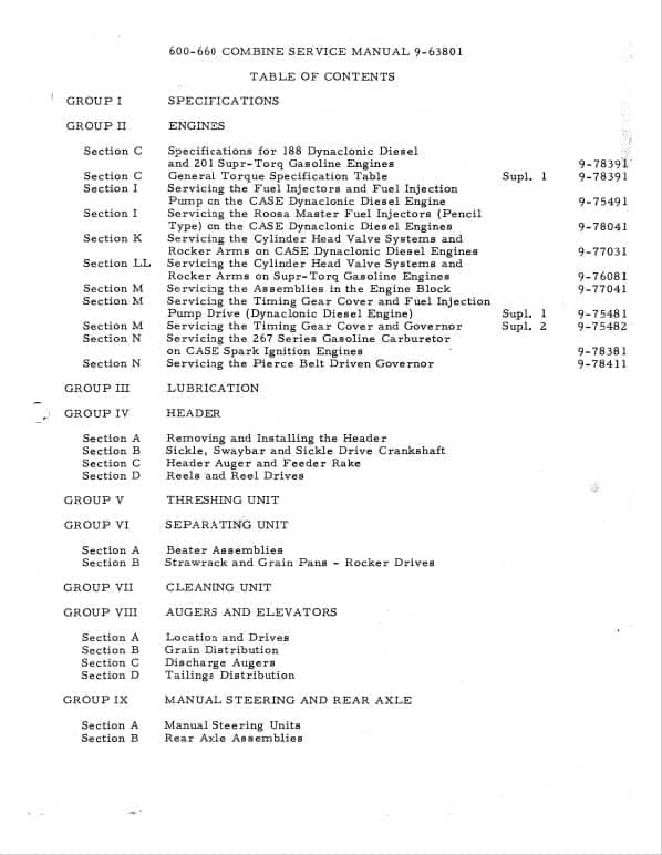 Case 600, 660 Combine Trencher Repair Service Manual