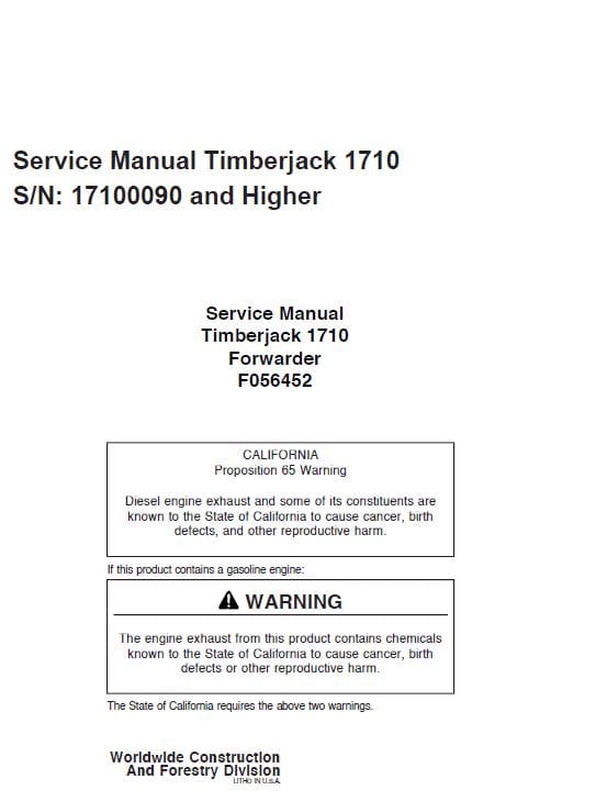 Timberjack 1710 Forwarder Service Repair Manual (17100090 and Up)