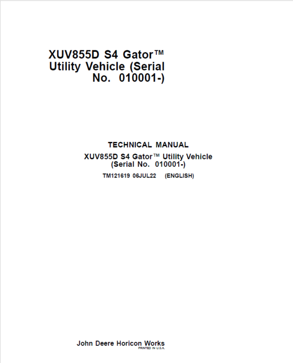 John Deere XUV855D S4 Gator Utility Vehicle Service Repair Manual TM121619