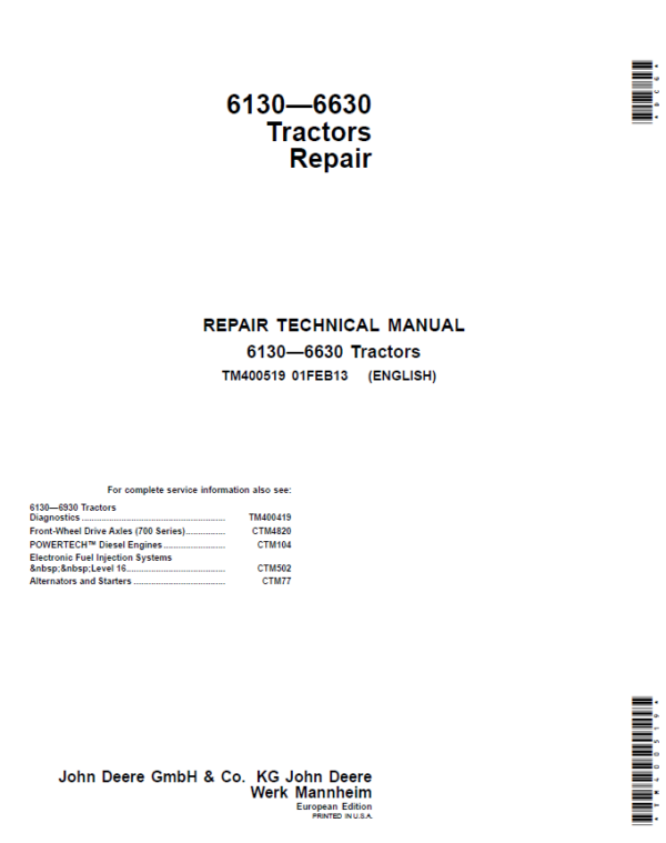 John Deere 6130, 6230, 6330, 6430, 6530, 6534, 6630 Tractors (EU) Service Repair Manual