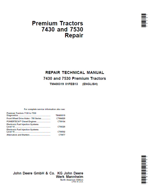 John Deere 7430, 7530 Premium (NA) Tractors Service Repair Manual