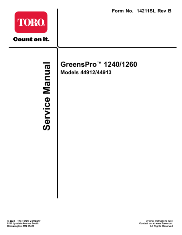 Toro Greens Pro 1240, 1260 Service Repair Manual