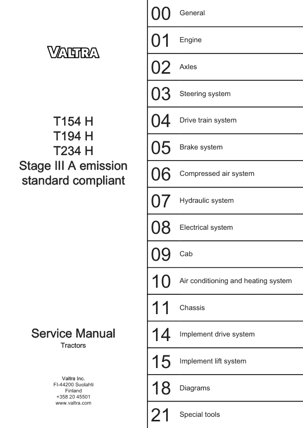 Valtra T154 H, T194 H, T234 H Tractors (Stage III A) Service Repair Manual