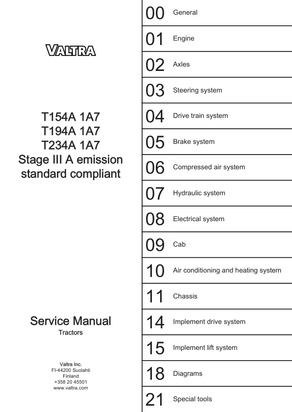 Valtra T154 A 1A7, T194 A 1A7, T234 A 1A7 Tractors (Stage III A) Service Repair Manual