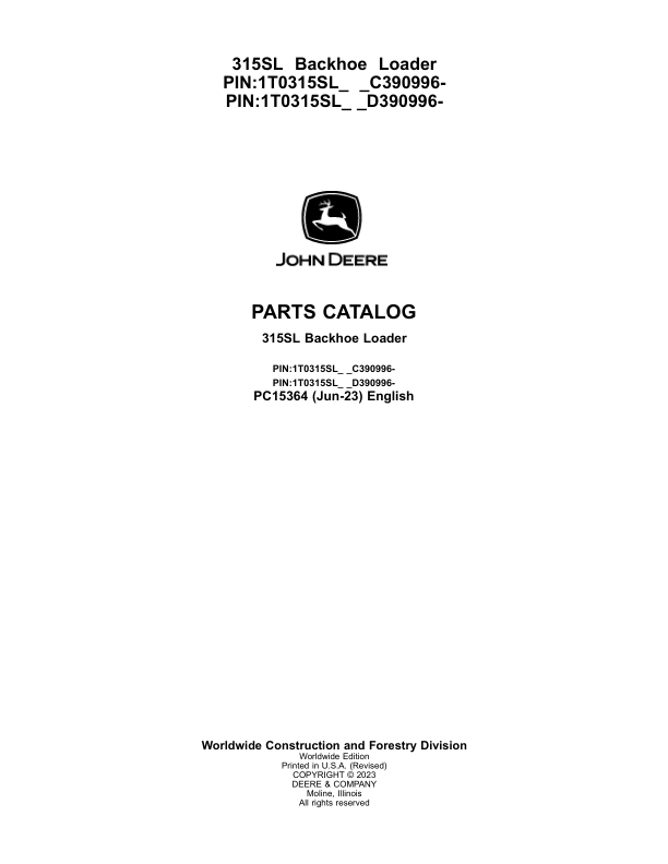 John Deere 315SL Backhoe Loaders (SN C390996- & D390996-) Parts Catalog ...
