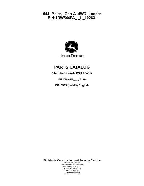 John Deere 544 PTIER Loaders (SN 1DW544PA_ _ L_10283) Parts Catalog