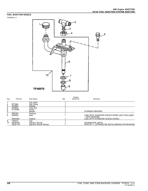 John Deere 310E, 310SE, 315SE Backhoes Parts Catalog Manual PC2574