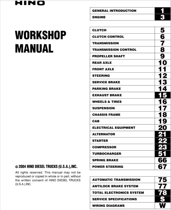 Hino Truck FD2J, FE2J, SG1J Year 2004 Repair Manual (FD, FE, SG)