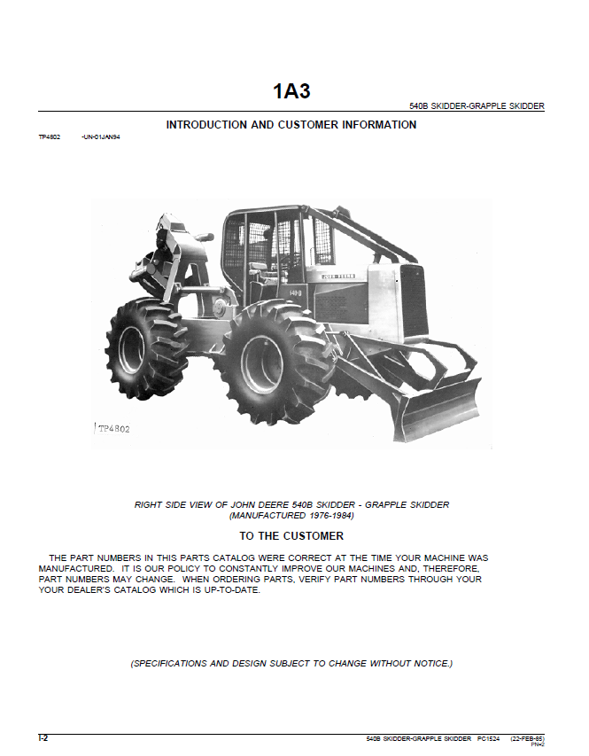 John Deere Skidder Parts Catalog Manual PC1524