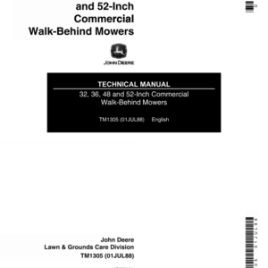 John Deere 32, 36, 48, 52 inch Commercial Walk Behind Mowers Repair Manual TM1305