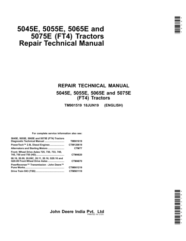 John Deere 5045E, 5055E, 5065E, 5075E (FT4) Tractors Repair Manual (S.N 000001-748240)