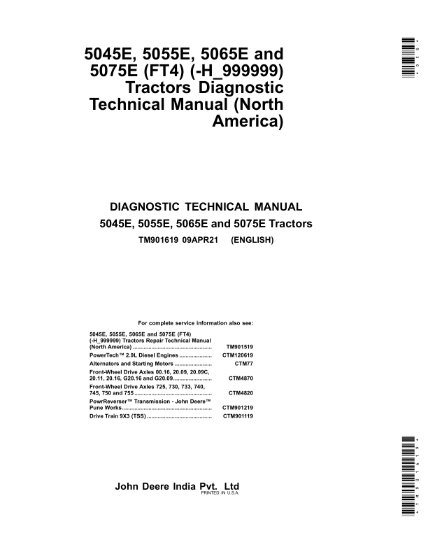 John Deere 5045E, 5055E, 5065E, 5075E (FT4) Tractors Repair Manual (N.A ...