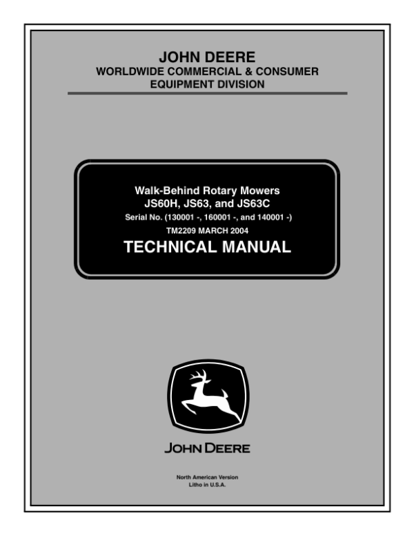 John Deere JS60H, JS63, JS63C Walk Behind Rotary Mowers Repair Manual TM2209