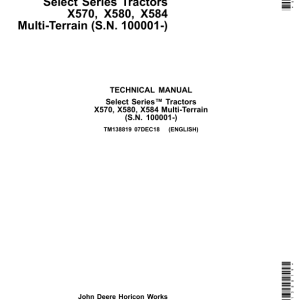 John Deere X570, X580, X584 Lawn Tractors Repair Manual (S.N. 100001-) TM138819