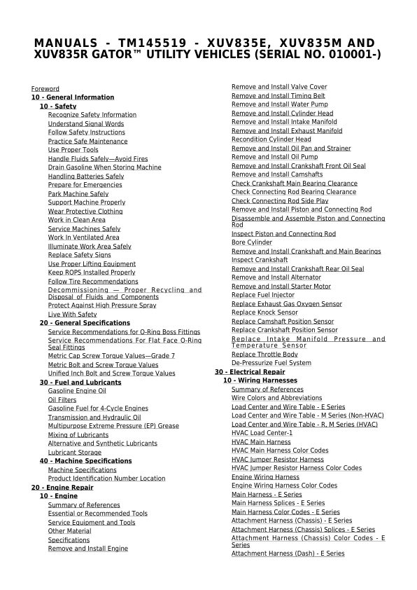 John Deere XUV835E, XUV835M, XUV835R Gator Utility Vehicle Repair Manual TM145519