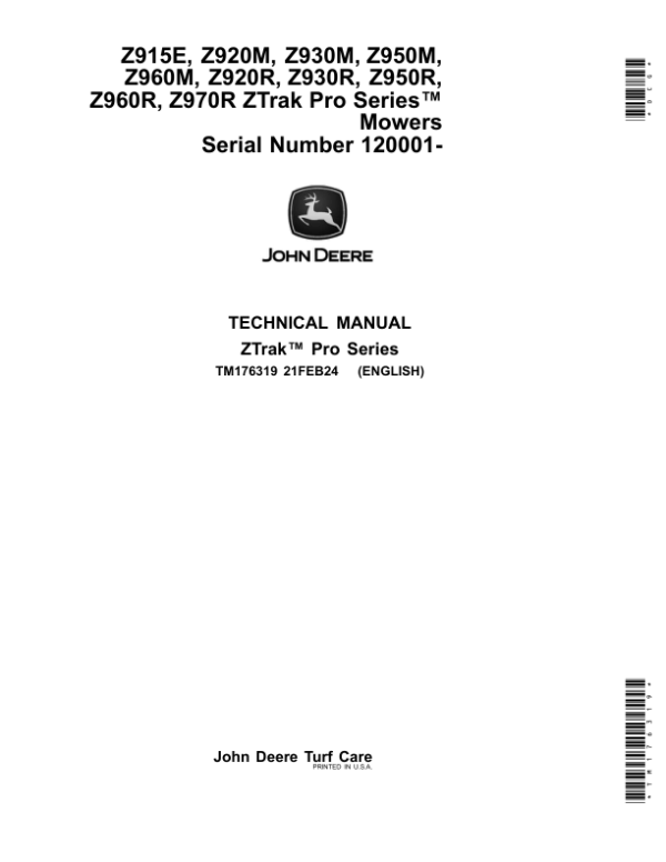 John Deere Z920R, Z930R, Z950R, Z960R, Z970R Mower Service Repair Manual John Deere Z920R, Z930R, Z950R, Z960R, Z970R Mower Service Repair Manual